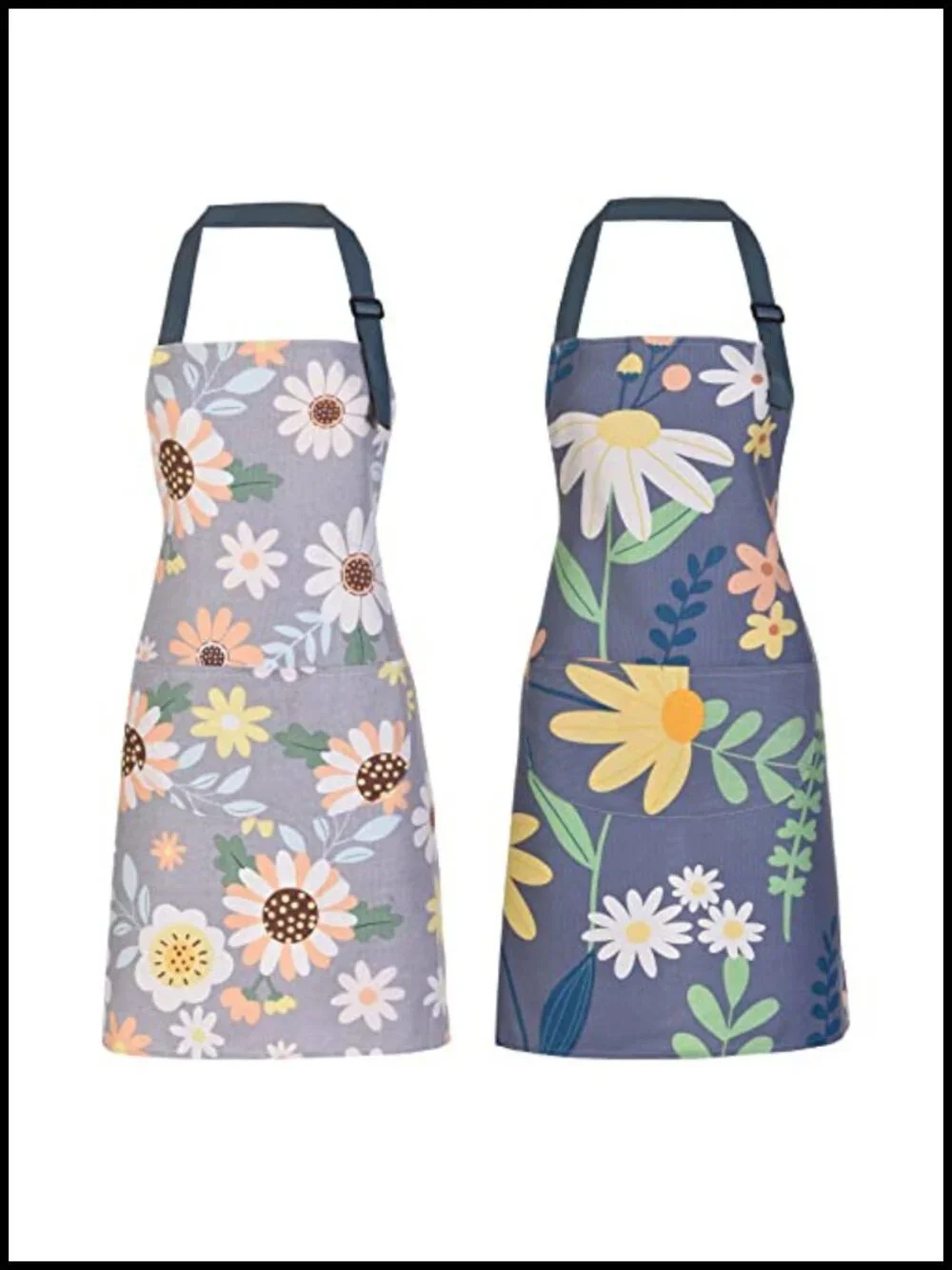 2 Pack Floral Bib Aprons with Pockets, Adjustable Cotton Chef Aprons